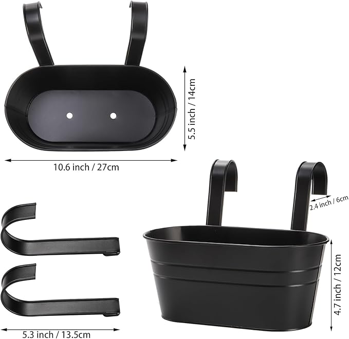 Foraineam 6 Pack Hanging Flower Pots, Metal Iron Hanging Planter Plant Pot Holders for Railing Fence Balcony, Black Hanging Bucket Pots Outdoor Porch Decors with Detachable Hooks and Drain Holes