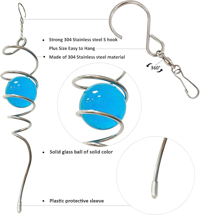 Gazing Ball Spiral Tail Wind Spinner Stabilizer,Wind Spinner Tail Decorative Sun Catcher,Wind Spinner Spiral Indoor Outdoor Garden Decoration,Wind Spiral Rotating Yard Art Decor-13in(Blue)