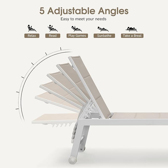 PURPLE LEAF Outdoor Chaise Lounge Set Adjustable Sunbathing Recliner with Side Table for Poolside Beach Outside Patio Aluminum Chaise Lounger Khaki