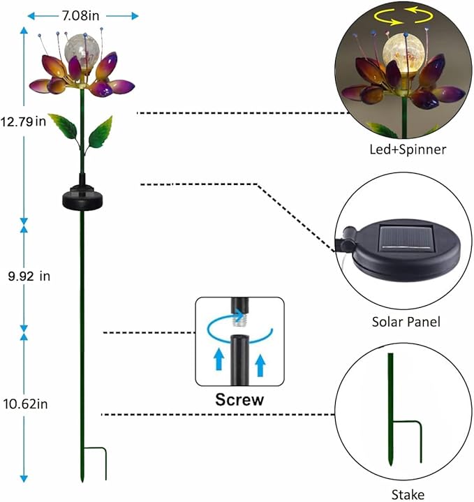 Metal Flower Solar Outdoor Lights Windmill Garden Stake - Outdoor Waterproof for Yard, Lawn, Patio, Gardening Gifts, Solar Flower Lights