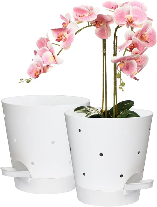 Orchid Pots with Holes, 6 Inch Self Watering Orchid Pot 2 Pack Plastic Plant Pots for Orchid, Flower (White)