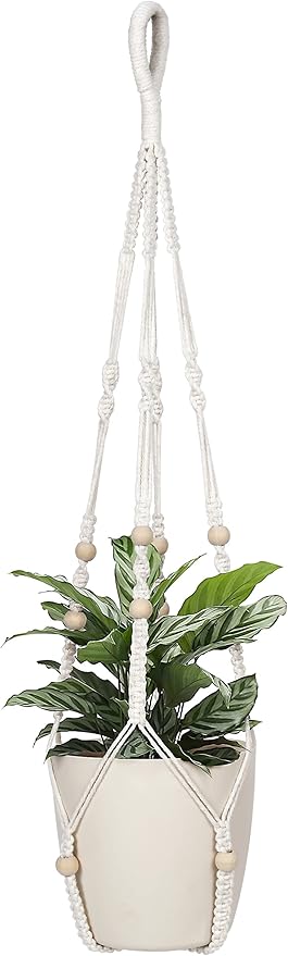32inch Macrame Plant Holder,Indoor Hanging Planters with Wood Beads No Tassels Boho Home Decor (Ivory)
