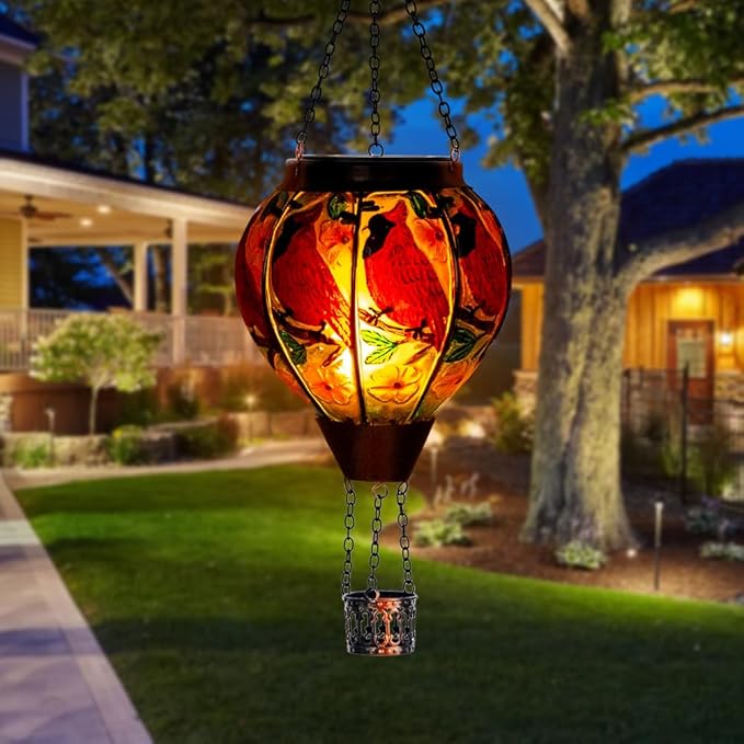 DREAMSOUL Cardinal Hot Air Balloon Solar Lantern, Hanging Solar Lanterns Outdoor with Flickering Flame Light, Glass Outdoor Lantern Waterproof for Patio Yard Party Gift Decor Christmas Gifts