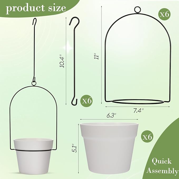 Hushee 6 Packs Metal Hanging Planters for Outdoor Indoor Plants Plant Hanger with 6.3'' Plastic Pots Hanging Planter Basket for Garden Home Porch Decor (White)