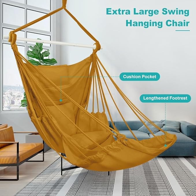 Outerman Hammock Chair, Hanging Chair with 3 Cushions and Foot Rest Support, Sturdy Metal Spreader Bar Max 500Lbs, Swing Chair for Bedroom, Indoor & Outdoor, Patio, Porch or Tree（Khaki）