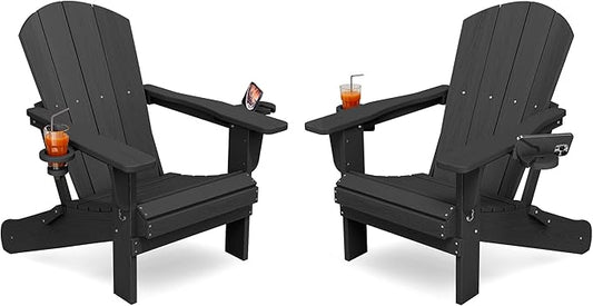 KINGYES Folding Adirondack Chair Set of 2, Dual Cup Holders & All-Weather HDPE, Wood-Like Patio Chair for Backyard, Camping, Pool & Fire Pit, Black