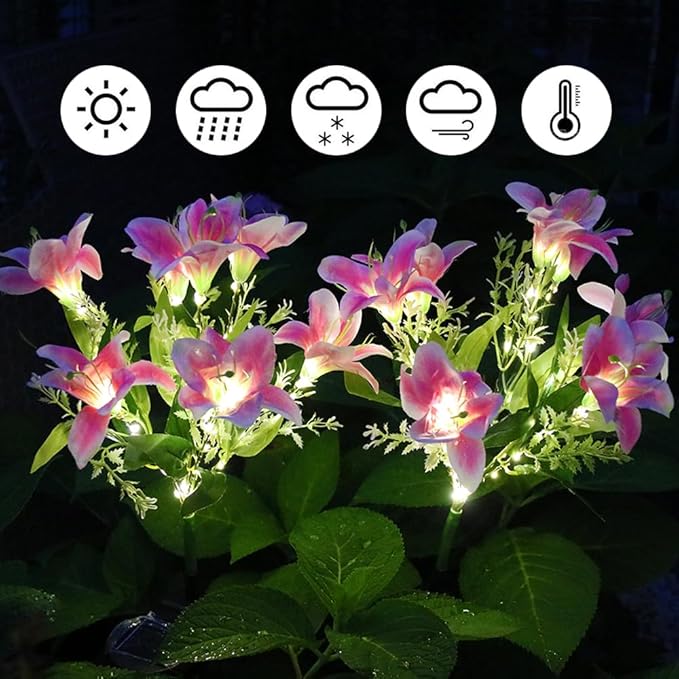 GUOCHENG Lily Flower Solar Lights Outdoor Garden, 2 Pack LED Solar Flower Lights with Lifelike Lily, Waterproof Solar Stake Lily Lights for Courtyard Pathway Flowerbed Lawn Décor(Pink)