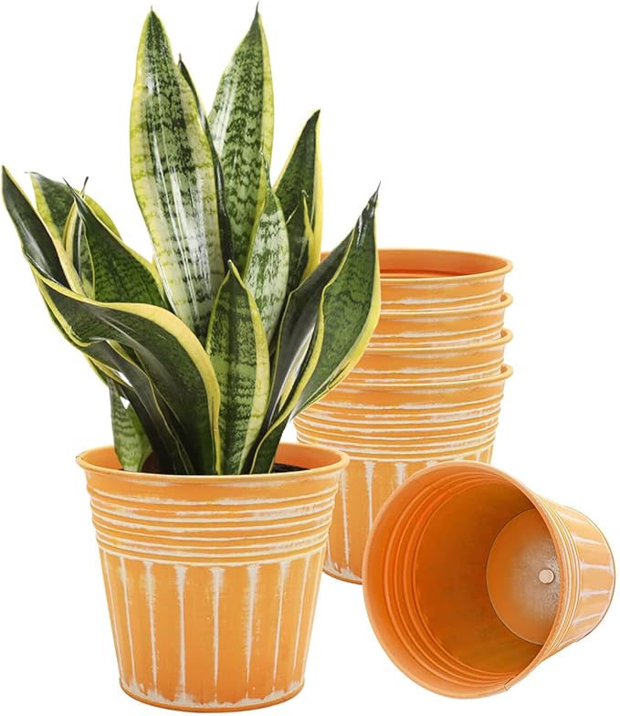 vensovo 7 Inches Orange Metal Rustic Flower Pots - 6 Pcs Medium Galvanized Planters with Drainage Hole and Rubber Plug, Rustproof Tin Bucket Plant Pot Farmhouse Vintage Style for Decor