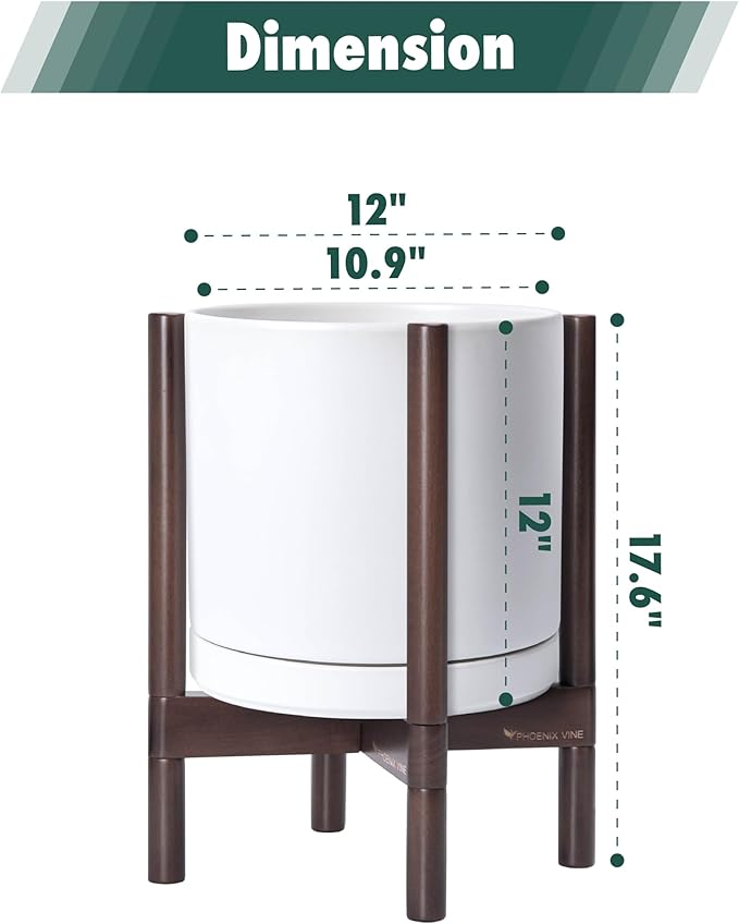 D'vine Dev Ceramic Planter with Walnut Color Stand - 12 Inch Modern Round Flower Pot with Wood Planter Holder, White, 55-B-W-1