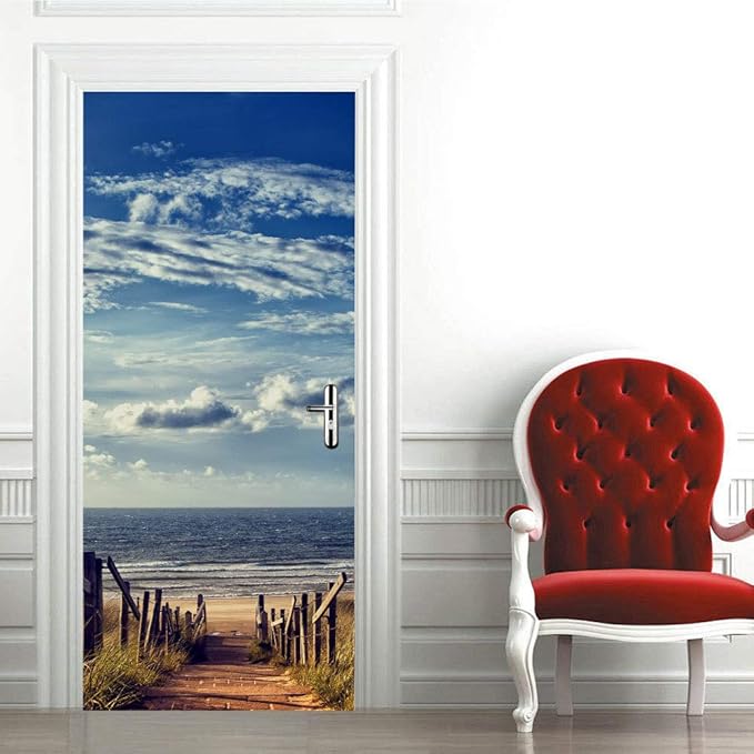 3D Door Stickers Murals Peel and Stick - Beach Road Wallpaper Self-Adhesive Decals - Removable PVC Waterproof Poster for Bedroom Living Room Decoration 33.9" x 78.7"