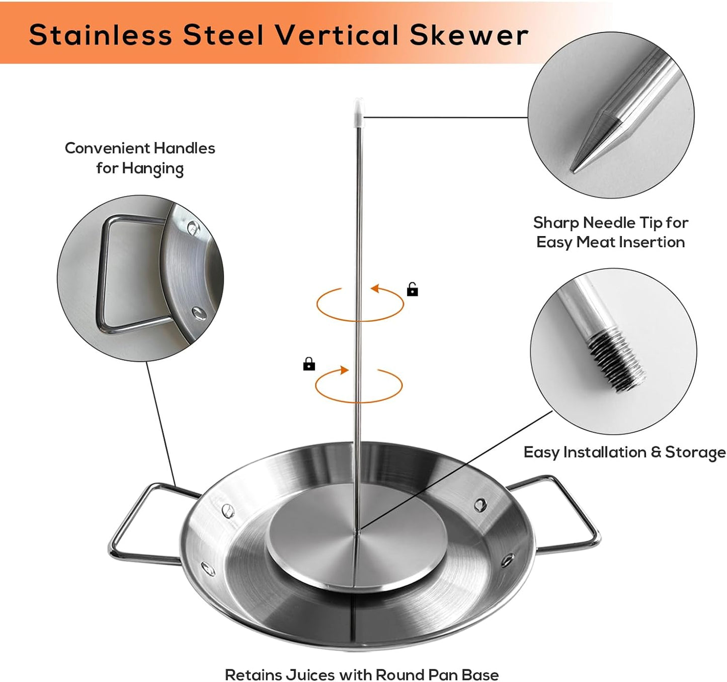 Fengzhe Al Pastor Skewer for Grill: Extra Large 13" Stainless Steel Vertical Skewer, Brazilian Spit Stand with 4 Spikes, 2 Brushes, for Tacos Al Pastor, Shawarma, Kebabs, with Fat Separator Tray
