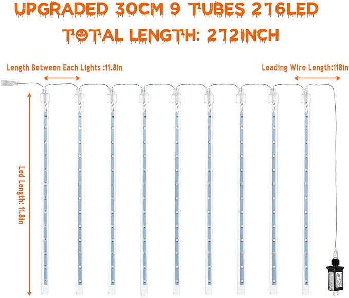 Outdoor Halloween Lights, 2-Pack Meteor Shower Lights Outdoor Waterproof, Total 432 LED 18 Tubes Snow Cascading String Lights Plug in for Party Garden Halloween Decorations (Orange Purple and Green)