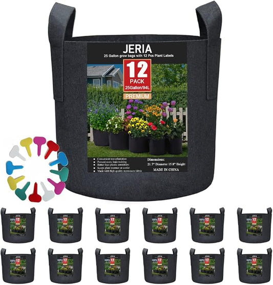 JERIA 12-Pack 25 Gallon, Vegetable/Flower/Plant Grow Bags, Aeration Fabric Pots with Handles (Black), Come with 12 Pcs Plant Labels