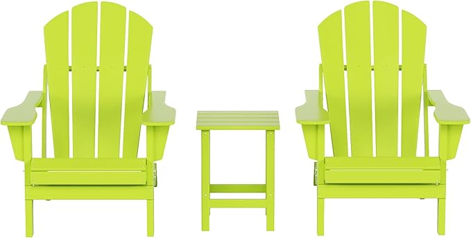 WO Home Furniture Adirondack Chairs Table Set of 3 PCS Outdoor Folding Chairs Side End Table Weather/UV Resistant for Lawn, Garden, Bon Fire, Balcony (Lime)