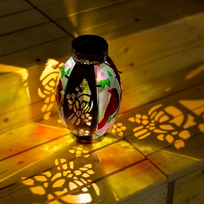 Starsoul Cardinal Outdoor Solar Lantern - Metal & Stained Glass Cardinal Solar Light, Waterproof Tabletop Lamp with Hollowed-Out Design for Yard, Patio, Garden, Pathway