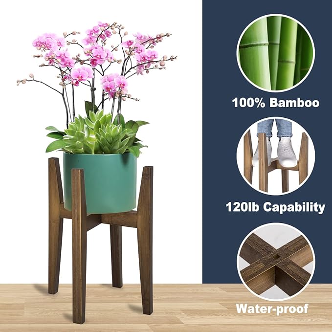 OERGKE Adjustable Plant Stand, Bamboo Mid Century Modern Indoor Plants Stands, Corner Flower Holder for Living Room, Fits 8 to 12 Inches Pots, (Pot & Plant Not Included)(Walnut, 1 Pack)