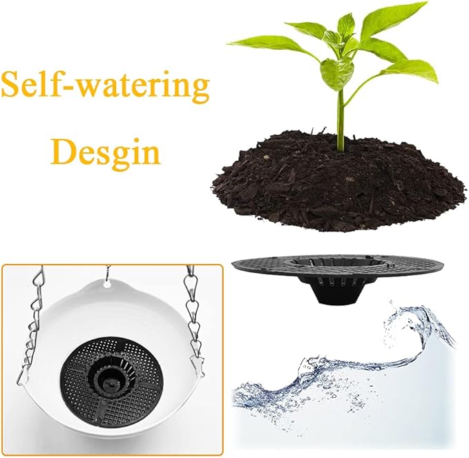 4 Pcs 8 inch Hanging Planter Pots,Self-Watering Round Hanging Basket with Water Tray and Metal Chain,Succulent Flower Plant Pot Container for Indoor Outdoor Garden Balcony Wall Decor,White