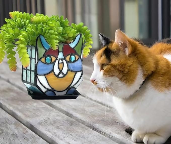 Tiffany Stained Glass Cat Planter,Indoor and Outdoor Plant Displays,Succulent Cat Pot,Plant Gifts for Women,4.6x5.15x2.3 in (Without Succulents)