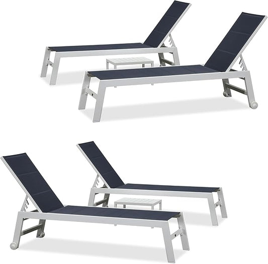 PURPLE LEAF Outdoor Chaise Lounge Set Oversize Adjustable Sunbathing Recliner Extra Wide Lounge Chairs with Side Table for Poolside Beach Outside Patio Aluminum Chaise Lounger Navy Blue 2 Sets