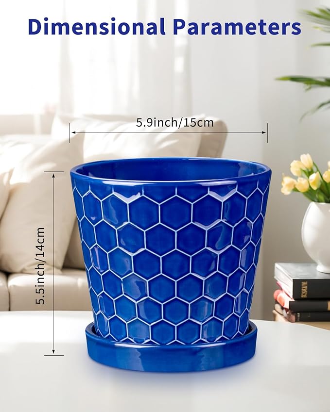EFISPSS 6 Inch Pots for Indoor Plants,Ceramic Plant Pots,Planters with Drainage Hole and Saucer, Flower Pots Desktop Office Windowsill Decoration Gift Set of 2 - Sapphire Blue