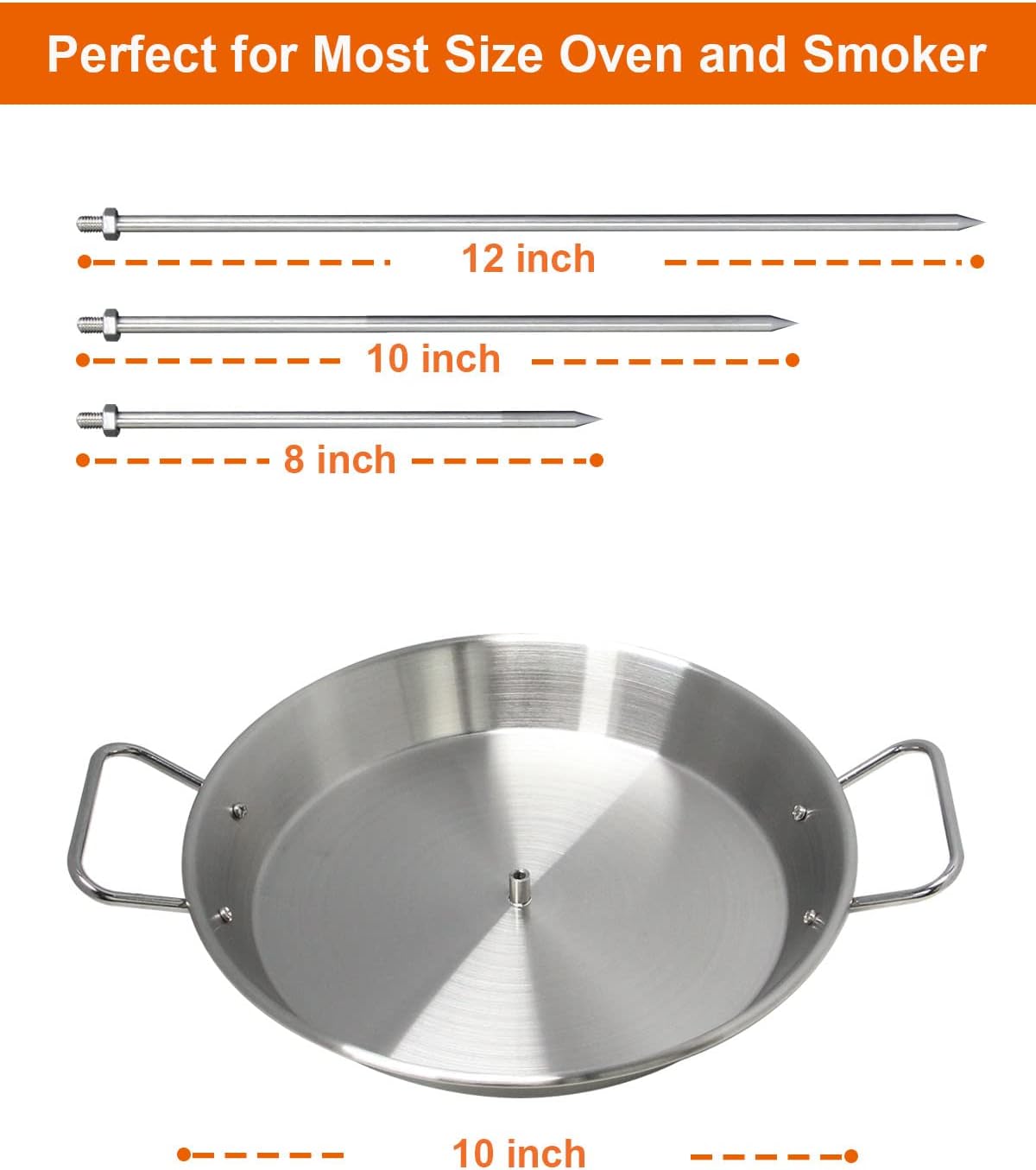 BBQ Vertical Skewer Pan Gyro Spit Stand for oven, Al Pastor Shawarma Skewer for Grill, El Pastor Hack for Tacos Al Pastor Chicken, Brazilian, Stainless Steel, with 8",10" and 12" stick