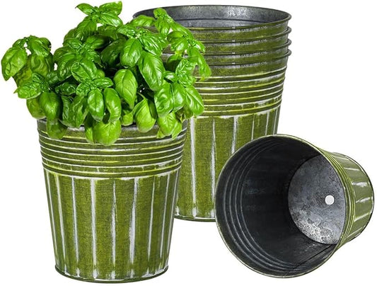 vensovo 6 Inch Kelly Green Metal Rustic Flower Pots - 6Pcs Medium Galvanized Planters with Drainage Hole and Rubber Plug, Rustproof Metal Bucket Plant Pots Farmhouse Vintage Style for Decor