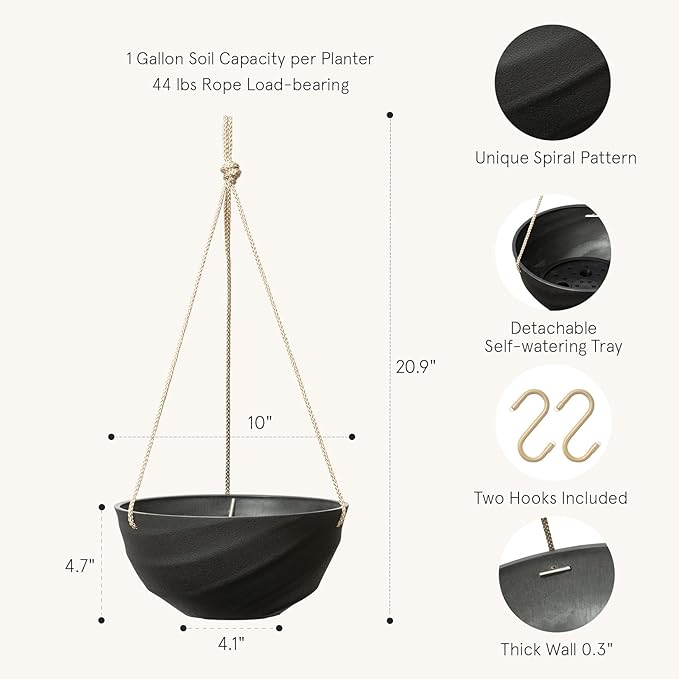La Jolie Maison 10 Inch Hanging Planters for Indoor Plants, Outdoor Garden Planter Pots with Self-Watering Tray, Jet Black, Spiral Pattern, Set of 2
