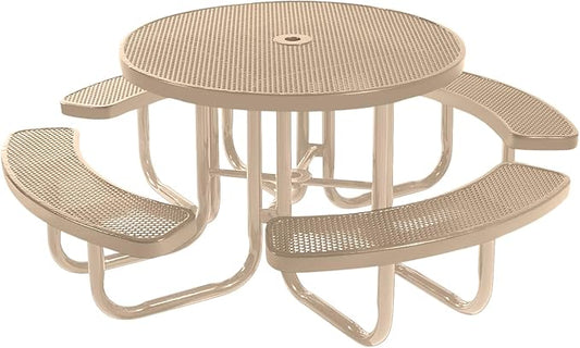 Heavy-Duty Portable Outdoor Picnic Table with Umbrella Hole, Punched Steel Commercial-Grade Patio Furniture Made in America (46" Round Top, Tan with Tan Frames)