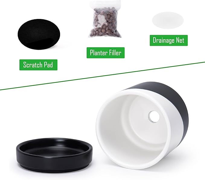 D'vine Dev 4.6 Inch Ceramic Planter Pot with Drainage Hole and Saucer, Indoor Cylinder Round Planter Pot, Oblique Monochrome Black and White, 94-O-B-K