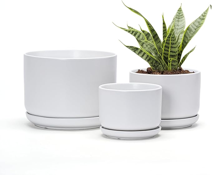 Ton Sin Plant Pots, 4.1+5.1+6.5 inch, Set of 3, Ceramic Planters with Drainage Hole and Saucer, Indoor Flower Pot with Hole Mesh Pad, Gifts for Mom(Matte White)