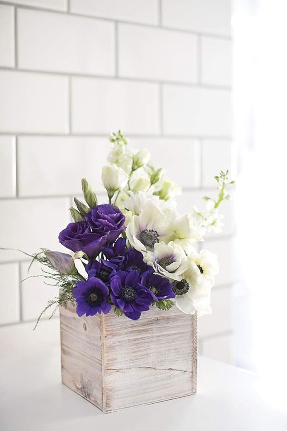 Wooden Planter Box, Rustic Barn Whitewash with Plastic Liner l Garden Decor l Restaurant and Wedding Decorations l Wedding Bouquets, Table Centerpiece (6x6 Set of 2, Whitewash)