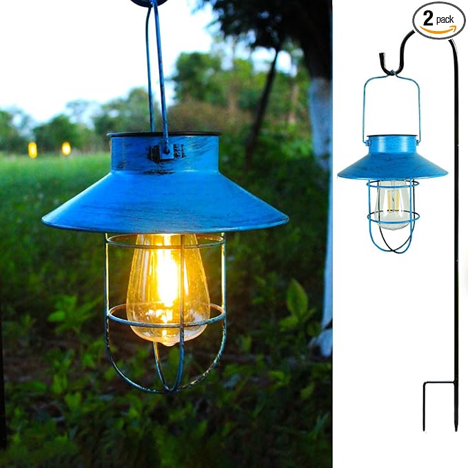 2 Pack Hanging Solar Lantern Lights with Shepherd Hook, Metal Waterproof Warm White Edison Bulb Lights for Garden Outdoor Pathway (Bule)