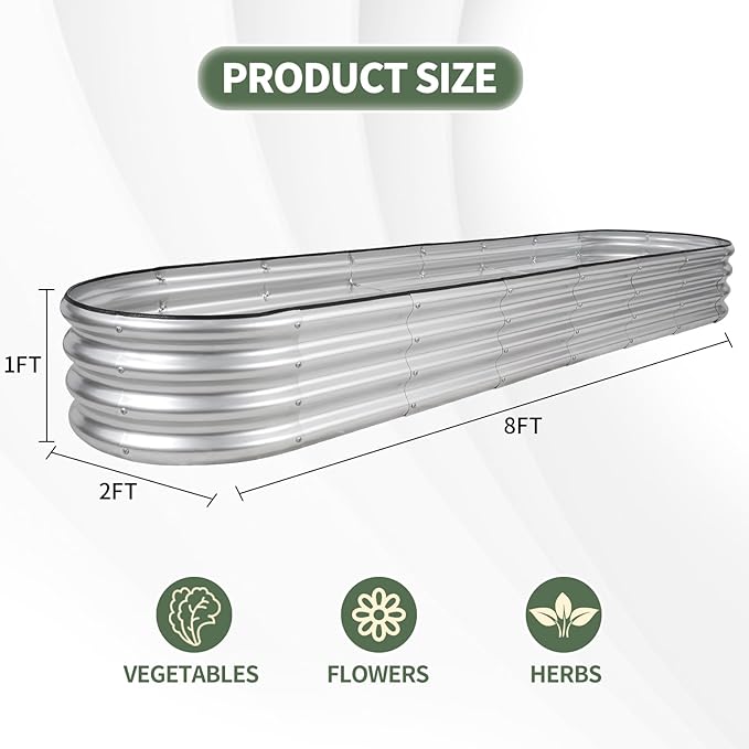 1MORE Galvanized Raised Garden Bed- Planter Garden Boxes Outdoor, Raised Beds for Gardening, 8x2x1ft Metal Garden Bed Kit for Vegetables Flower, Planter Raised Beds with Protective Tape & Tools.Silver