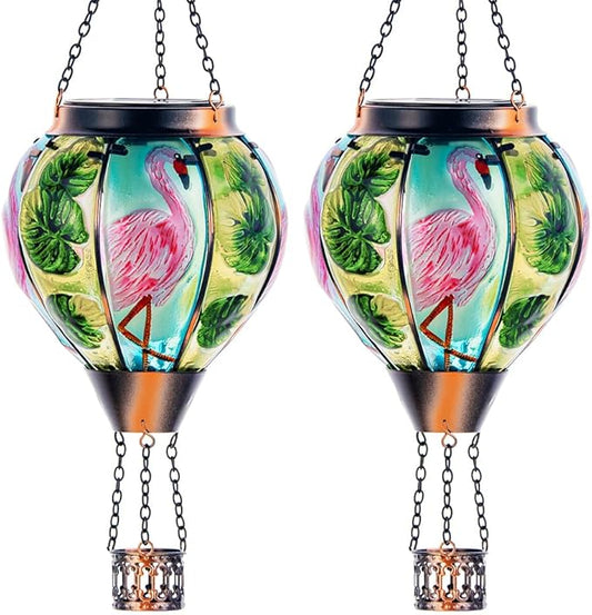 Starsoul 2 PC Flamingo Hot Air Balloon Solar Lantern with Flame Glass Outdoor Hanging Hot Air Balloon Solar Light Waterproof Garden Patio Yard Party Decorations