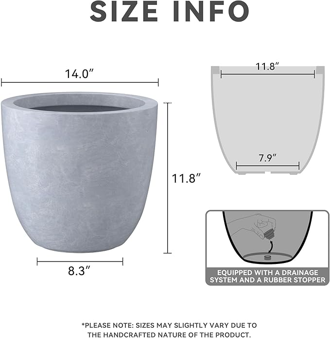 Kante 14 Inch Dia Round Concrete Planter, Indoor Outdoor Large Plant Pot with Drainage Hole and Rubber Plug for Home Patio Garden, Slate Gray