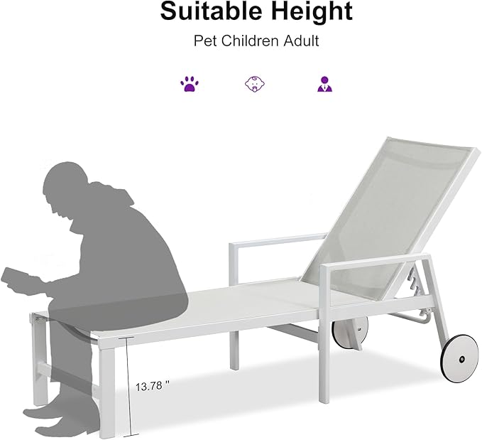 PURPLE LEAF Outdoor Lounge Chairs Set of 4 White Aluminum Chaise Lounge Chair Outdoor with Wheels and Armrest for Patio Deck Pool Side Table Include, Ivory