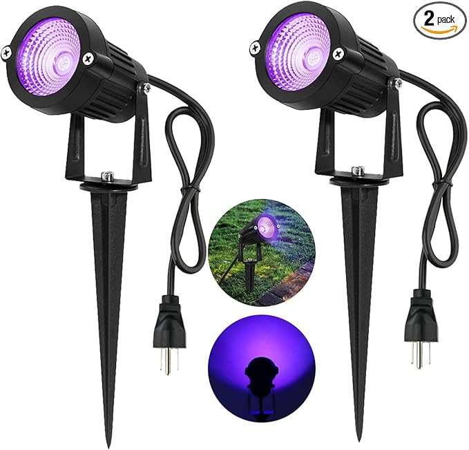 2 Pack HalloweenWaterproof UV LED Blacklight Landscape Lights, Outdoor Plug in Black Light Spotlight for Pathway Light Plug Spike Stand Garden, Yard, Lawn, Halloween, Party Decorative Lighting