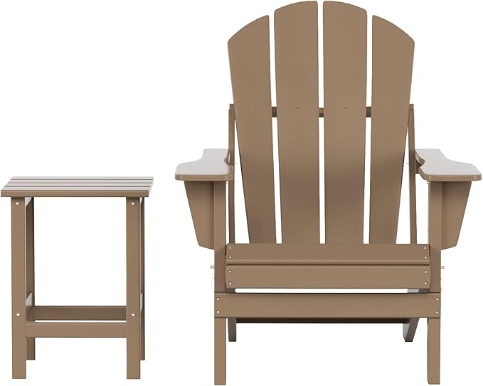 WO Home Furniture Adirondack Chair Table Set of 2 PCS Outdoor Folding Chair w Side Table Weather/UV Resistant for Lawn, Garden, Bon Fire, Balcony (Weathered Wood)