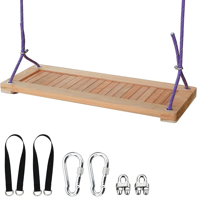 Teak Wooden Swing, Outdoor Wood Tree Swing Seat for Kids or Adults for Backyard Columpio, Height Adjustable (23.8x9inch)