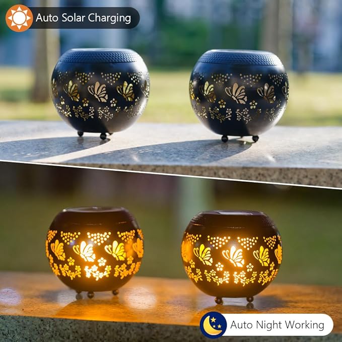 VEWOGARDEN 2 Pack Solar Lanterns Outdoor Waterproof Solar Lantern Hollow Out Metal Butterfly Lantern Solar Lights for Patio Garden Table Decor