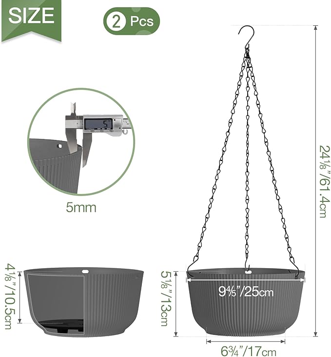 T4U 10 Inch Hanging Planters for Indoor Outdoor Plants, Hanging Plant Pot Pack of 2, Self Watering Hanging Pots with Drainage Hole & Plug & Chain with 3 Hooks for Garden Home Decor, Grey