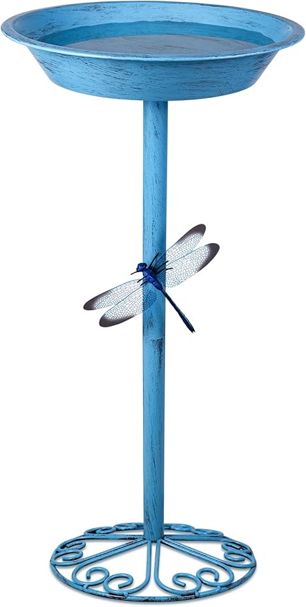 Bird Baths for Outdoors 25.5 Inch Height Outdoor Garden Bird Feeder Metal Birdbath with Dragonfly for Garden Yard and Lawn Decoration,Blue