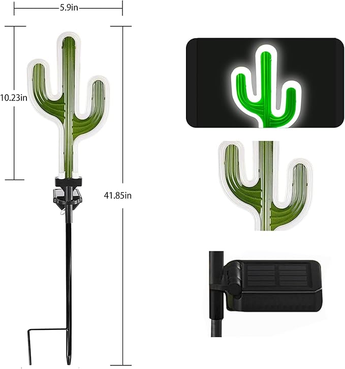 Solar Cactus Neon Lights Outdoor Decor- 2 Pack 41.3 in Gifts for Mom Woman, Garden Stake Decorative LED Lights Waterproof Path Lighting for Christmas Yard Lawn Patio Walkway Driveway Sidewalk Decor