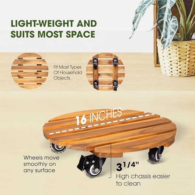 Idzo 16inches Capacity 500lbs Wood Plant Caddy With Wheels Heavy Duty, Acacia Hardwood Plant Dolly, Plant Stand with 360° Lockable Wheels for Plant Pots, Heavy Objects Hauling - Natural Wood
