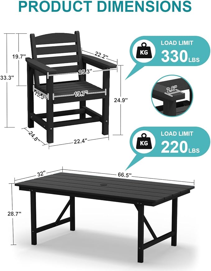 Patio Dining Set for 4 with Umbrella Hole - 66" Outdoor Table & 4 Chairs, All-Weather HDPE Outdoor Furniture for Lawn, Garden, Backyard, Poolside, Black