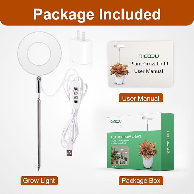 Grow Lights for Indoor Plants Small Potted - Full Spectrum, Auto 3/9/12H Timer, 10-Level Dimming & Adjustable Height - Compact Grow Light for Succulents, Herbs, Foliage in Home/Office (White,1PACK)