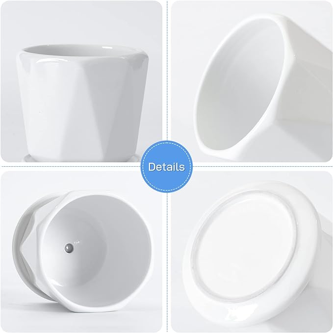 Octagon Ceramic Plant Pots - Indoor White Flower Planter Set with Drainage Holes, 6.7/5.5/4.7 Inch, Modern Decorative Planter Outdoor for Succulents Snakes and Herb