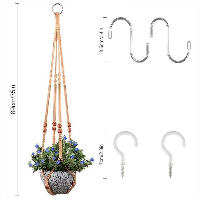 Macrame Plant Hanger for 5 to 10 Inch Plant Pots, Set of 2 Indoor Handmade 35 Inch Woven Rope Hanger Kits with Hooks and Wood Beads, Hanging Planter Basket Holder for Boho Home Decor (Brown, 2 Pack)