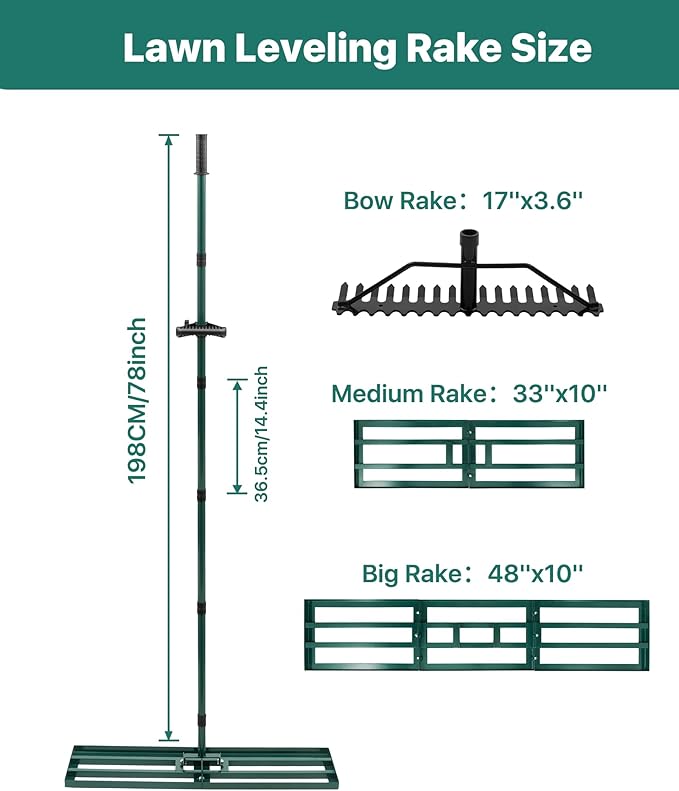 Lawn Leveling Rake 33x10'', Yard Leveling Rake with 78'' Back-Saving Adjustable Handle, Stainless Steel Lawn Leveler Tool with 17'' Tines Head for Garden, Backyard, Farm, Golf Course