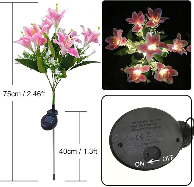 GUOCHENG Lily Flower Solar Lights Outdoor Garden, 2 Pack LED Solar Flower Lights with Lifelike Lily, Waterproof Solar Stake Lily Lights for Courtyard Pathway Flowerbed Lawn Décor(Pink)
